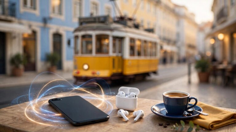 A smartphone and earbuds beside espresso with a yellow tram blurred in the background.