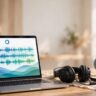 Laptop with colorful waveforms, headphones, and a globe icon on a modern desk.