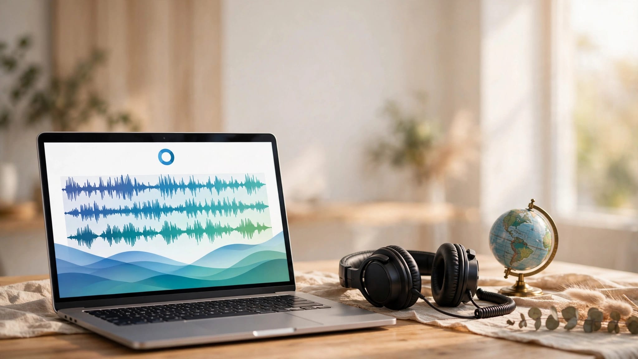 Laptop with colorful waveforms, headphones, and a globe icon on a modern desk.