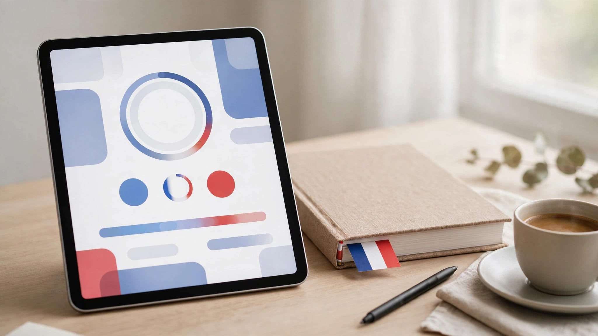 A quiz tablet, French workbook, pen, coffee, and flag bookmark on a bright desk.