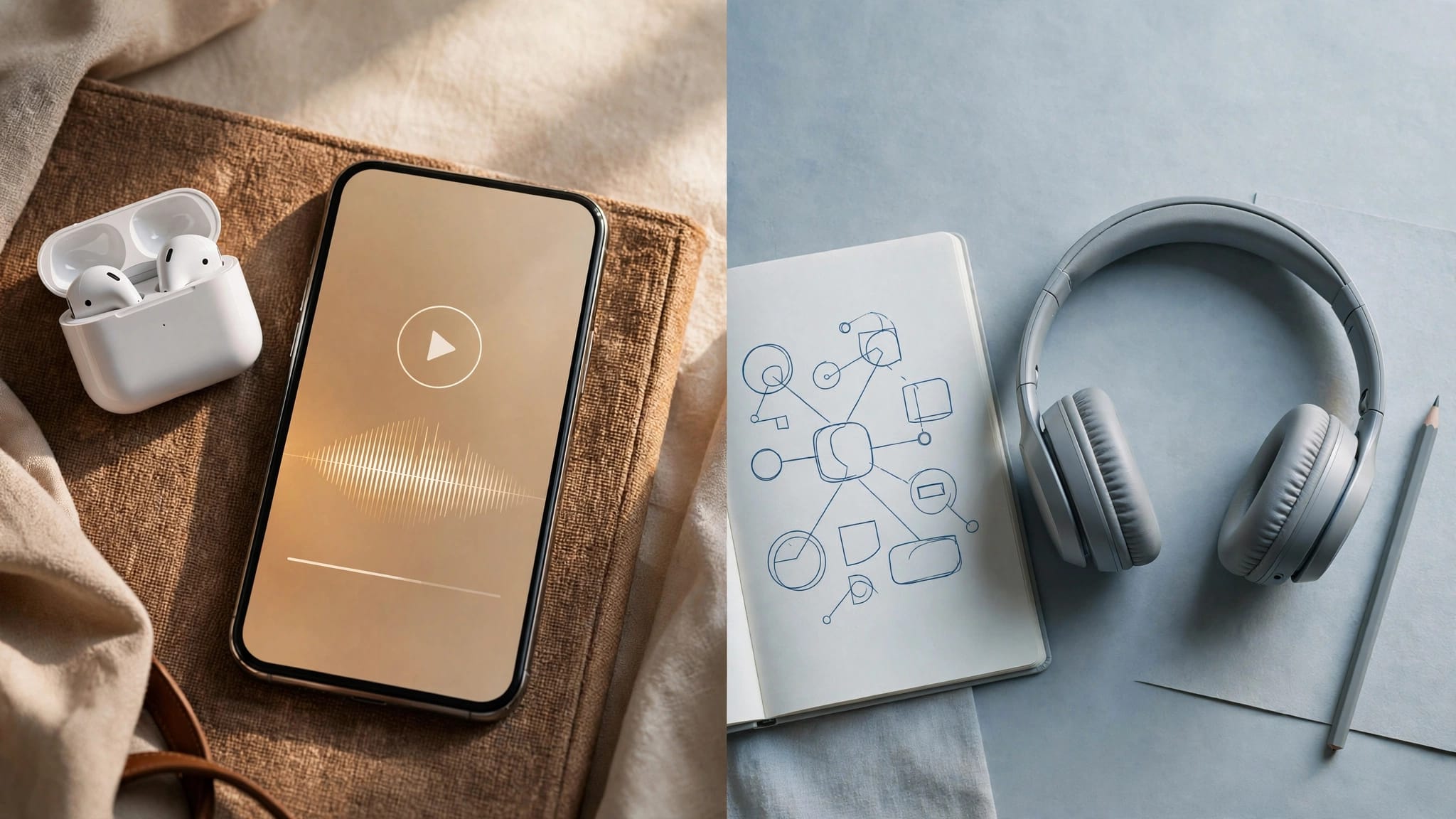 Earbuds and a smartphone sit opposite headphones and a notebook with connecting diagrams.