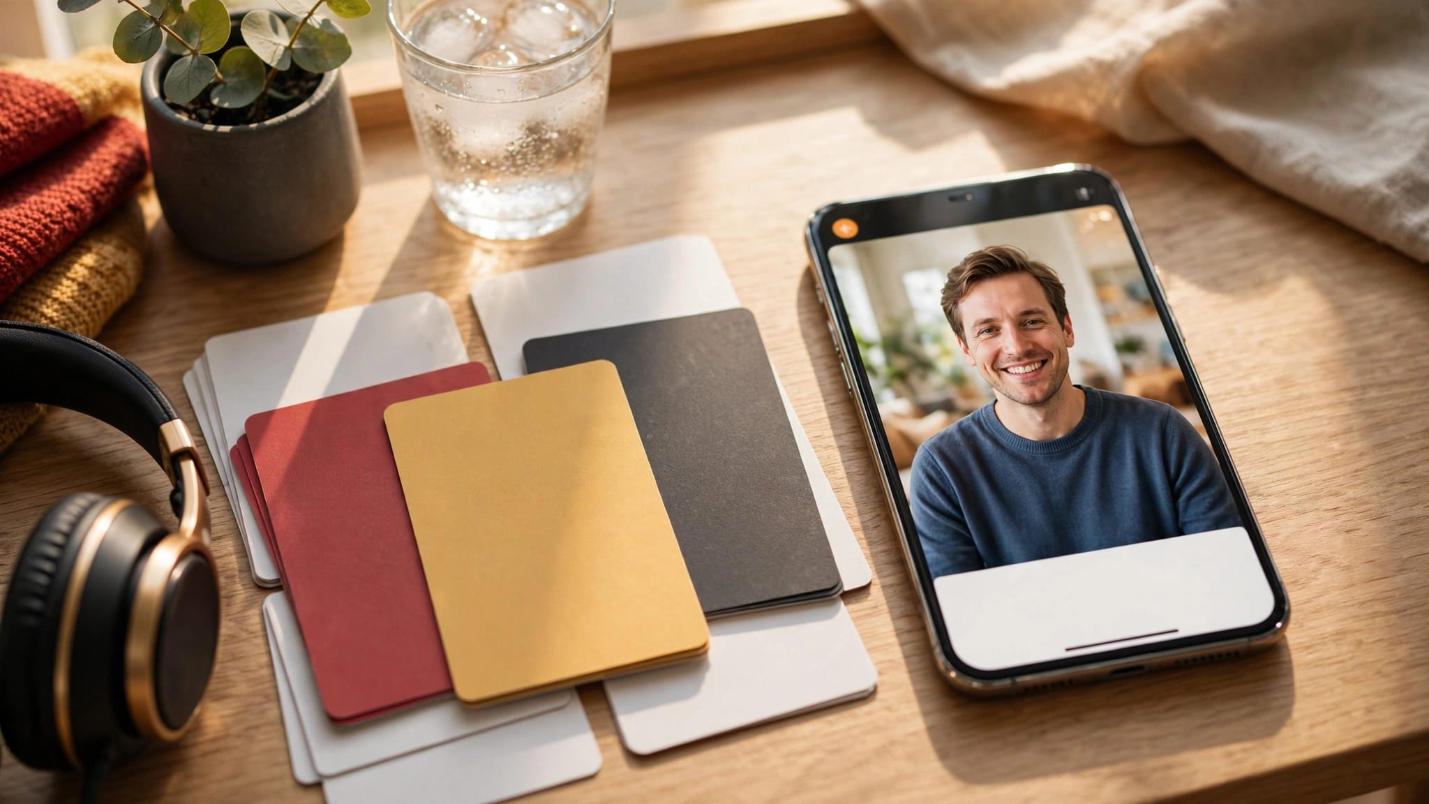 A phone with a video flashcard beside vocabulary cards and headphones on a bright desk.
