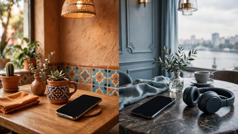 Two café scenes show smartphones for listening practice, one in Mexico City and one in Buenos Aires.