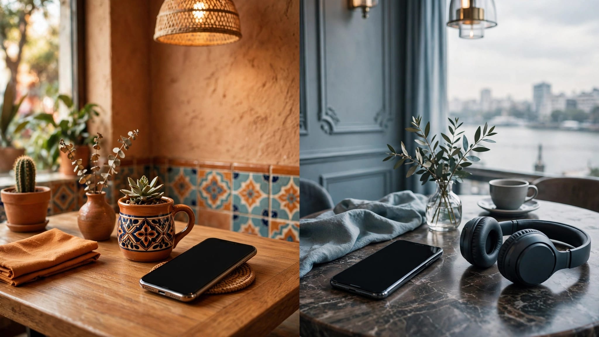 Two café scenes show smartphones for listening practice, one in Mexico City and one in Buenos Aires.