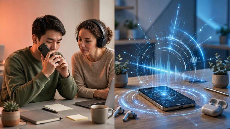 A learner practices pronunciation with a coach and glowing sound waves on two smartphones.