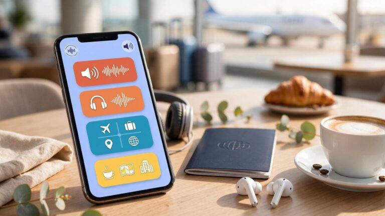 A smartphone with language cards beside a passport, headphones, and coffee at an airport café.