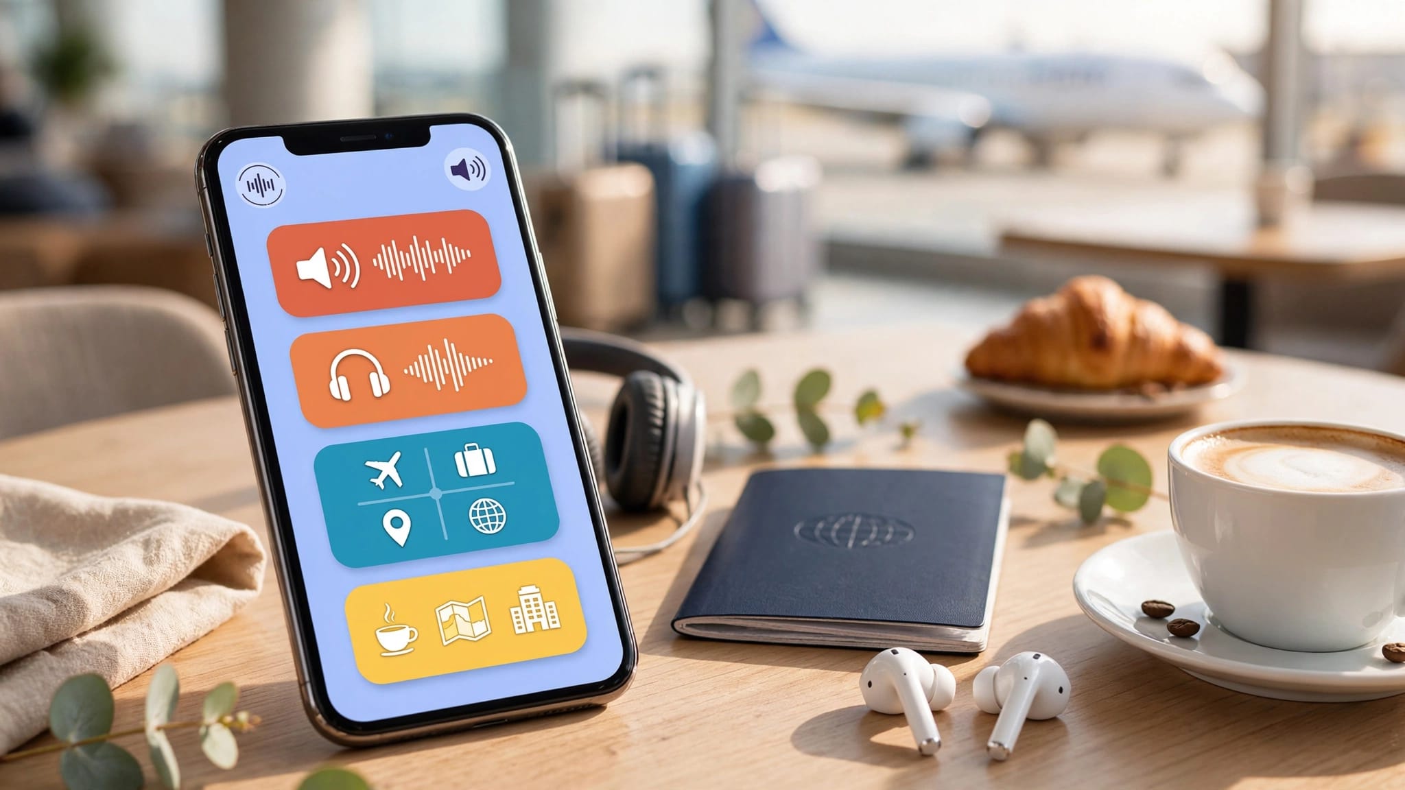 A smartphone with language cards beside a passport, headphones, and coffee at an airport café.