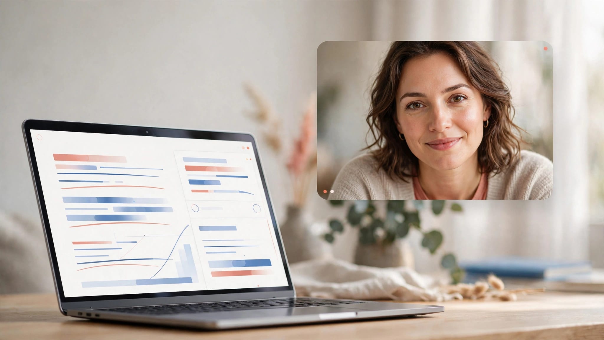 Laptop with writing feedback beside a video call with a human writing coach.