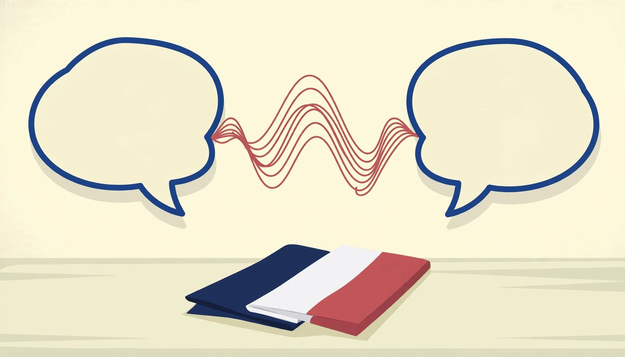 Two speech bubbles linked by a flowing sound wave above a café table.