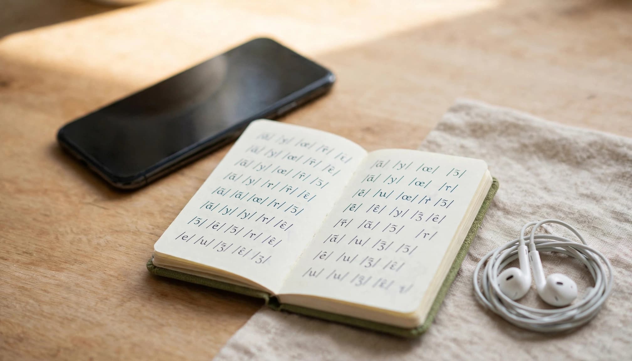 A smartphone, pronunciation notebook, and earbuds on a bright kitchen table.