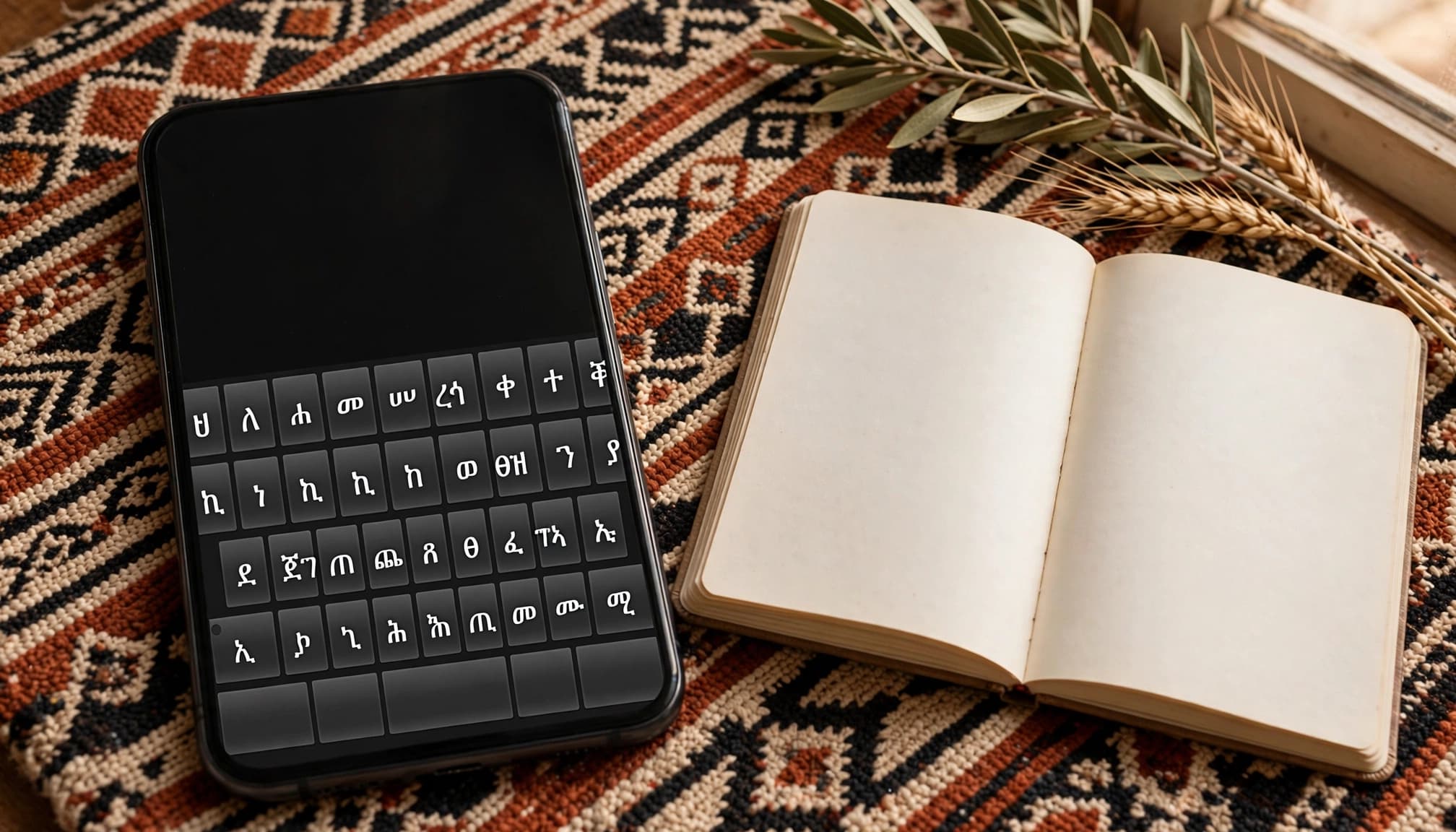 Amharic on Mobile: Choose Your Keyboard and Audio 2 A phone with Ethiopic keyboard glyphs rests on woven fabric beside a blank notebook.