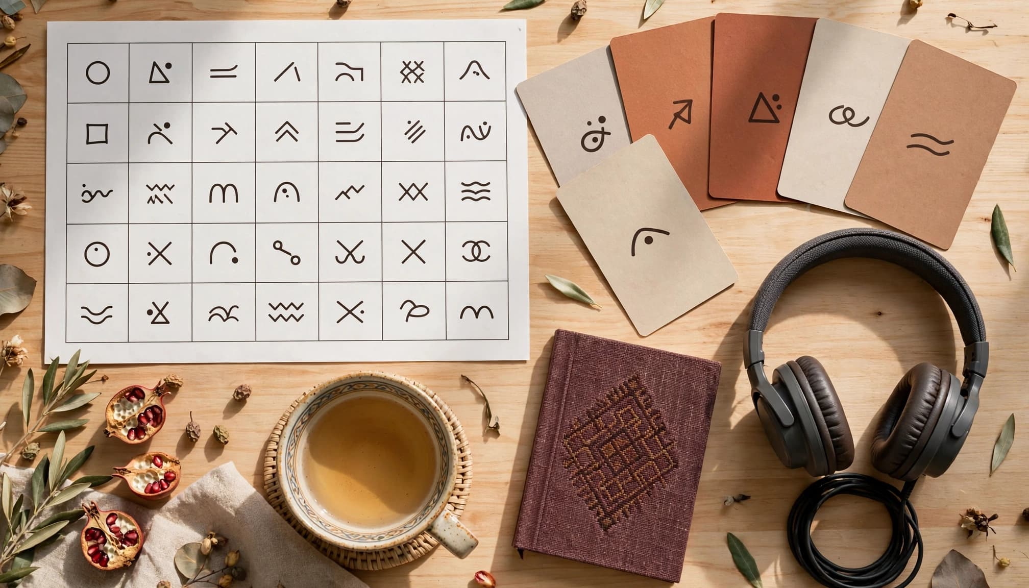 Georgian study materials, headphones, flashcards, and tea on a bright wooden table.