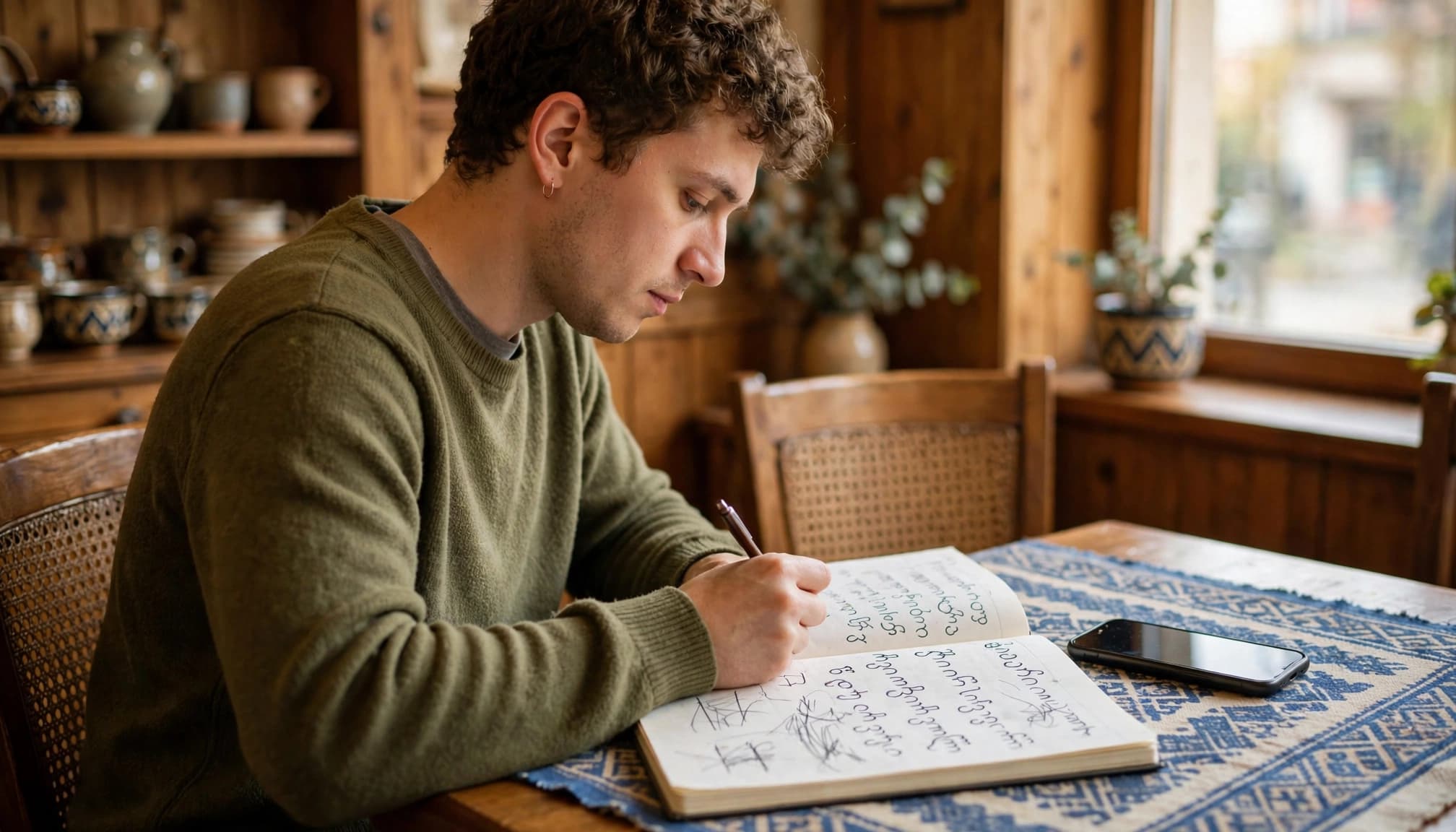 One learner studies handwritten Georgian letterforms beside a smartphone in a warm cafe.
