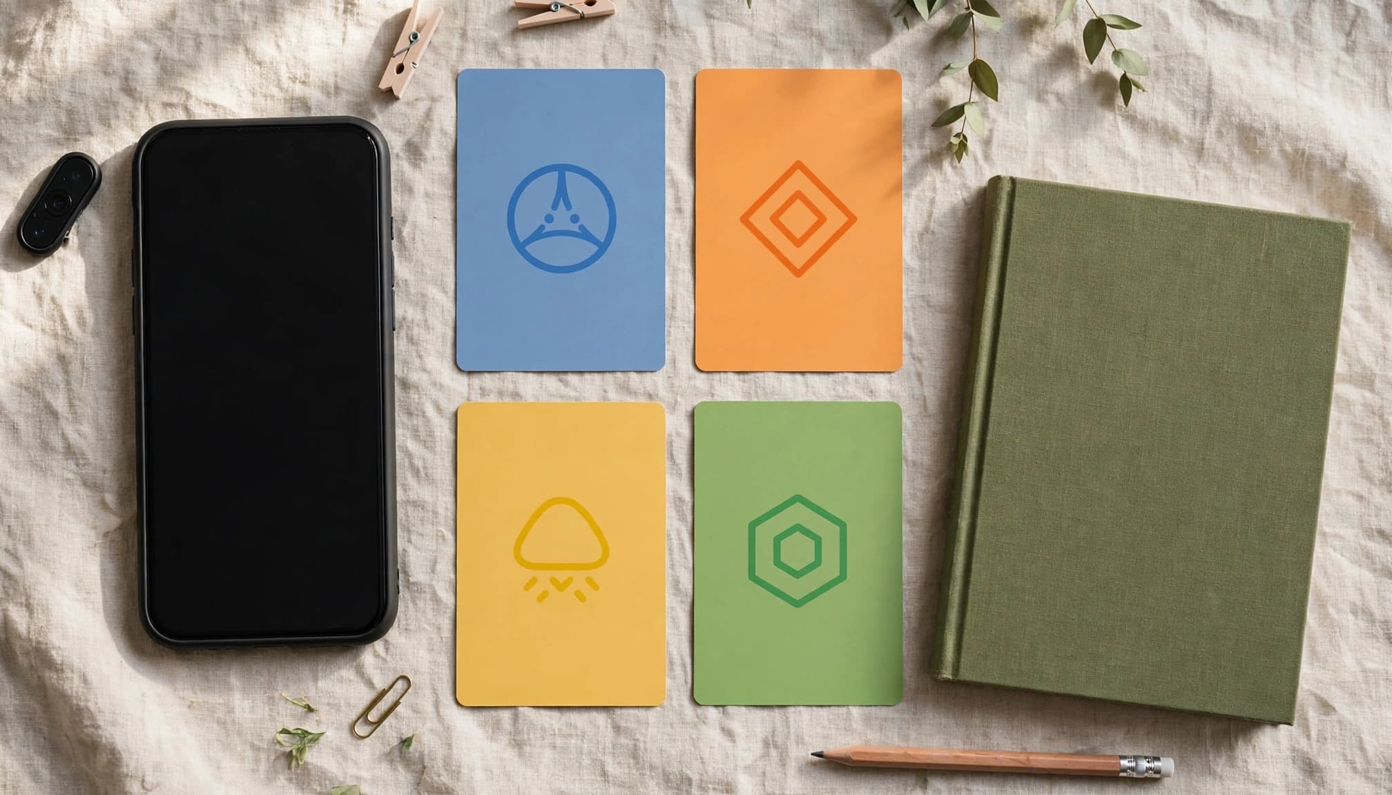 A smartphone beside four colored grammar cards and a German workbook.
