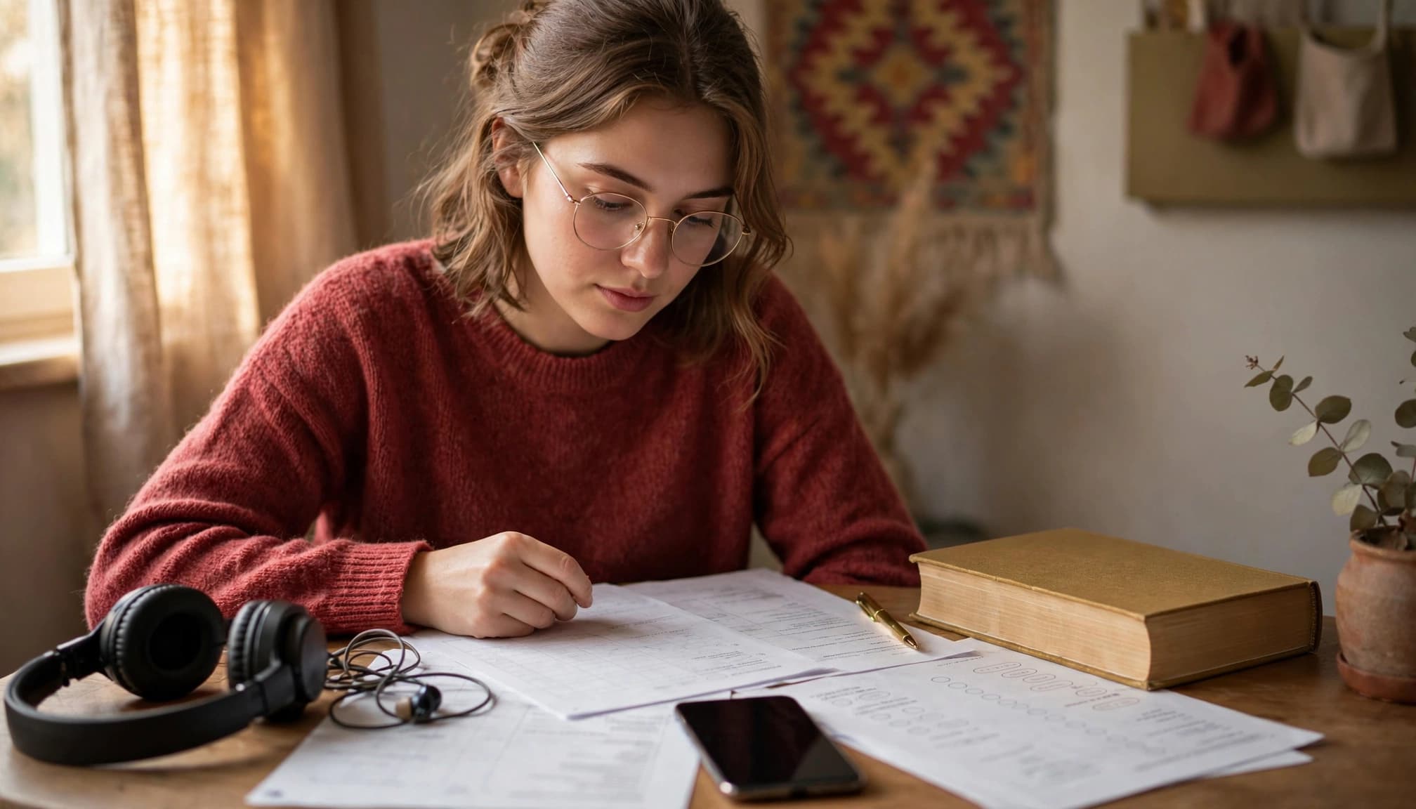 Best Goethe Exam Prep Apps for 2026 2 A learner studies German with a phone, headphones, dictionary, and practice papers.