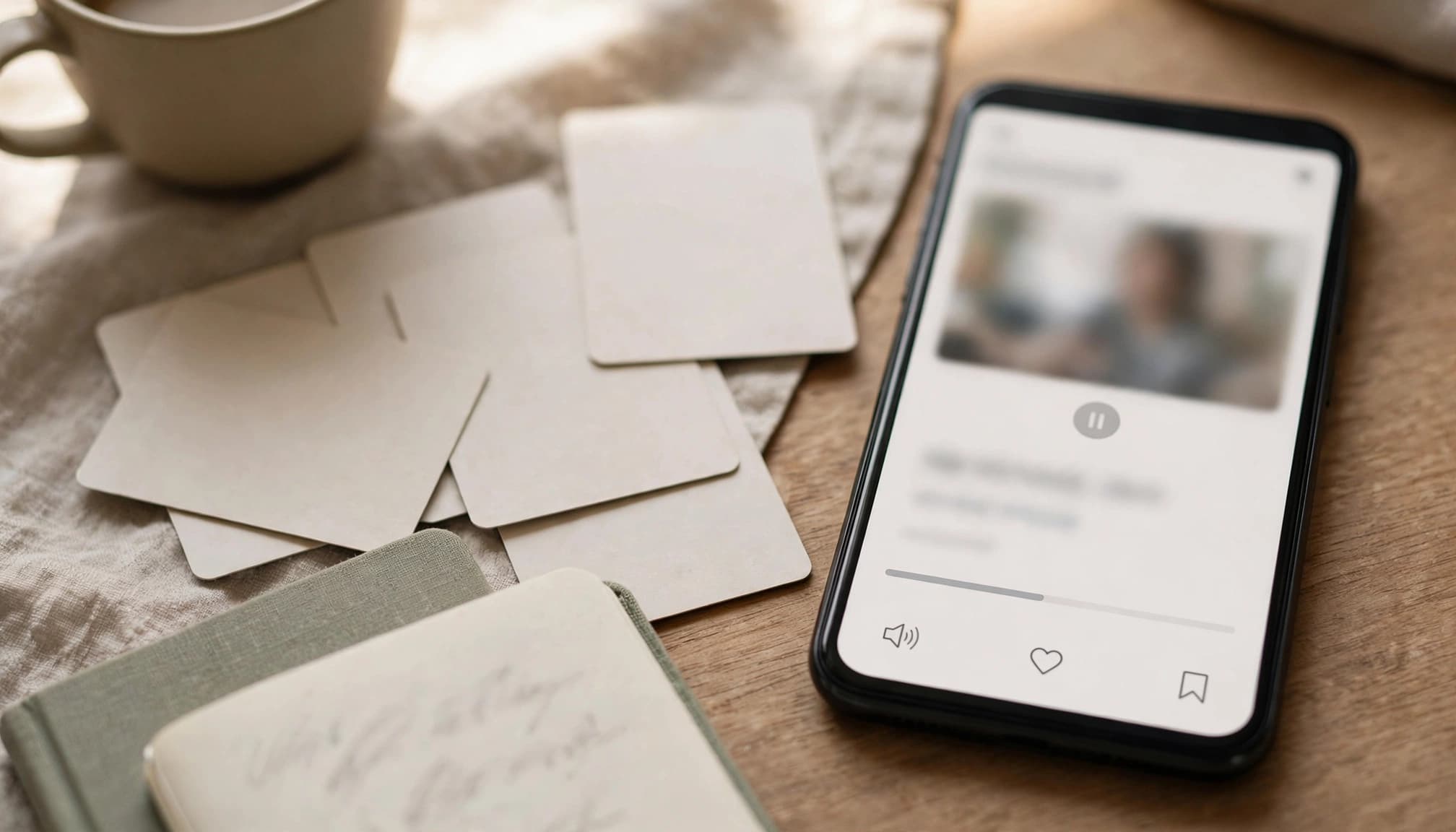 A smartphone, vocabulary cards, notebook, and coffee cup sit on a sunlit kitchen table.