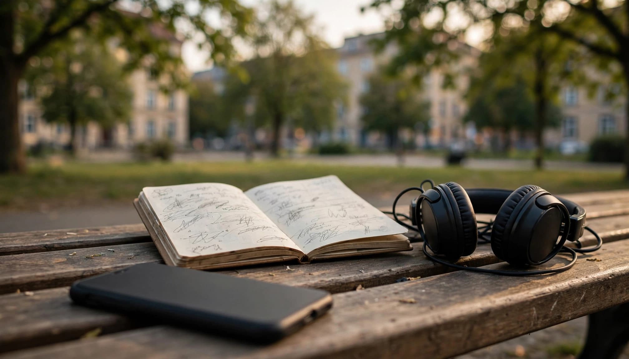 A phone, headphones, and open notebook rest on a bench in a leafy park.