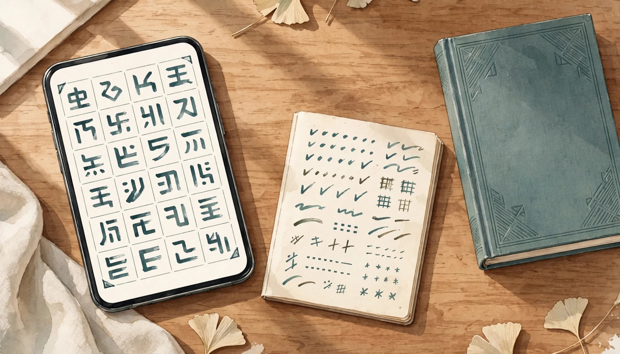 An open smartphone, marked notebook, and Korean dictionary arranged on a wooden table.