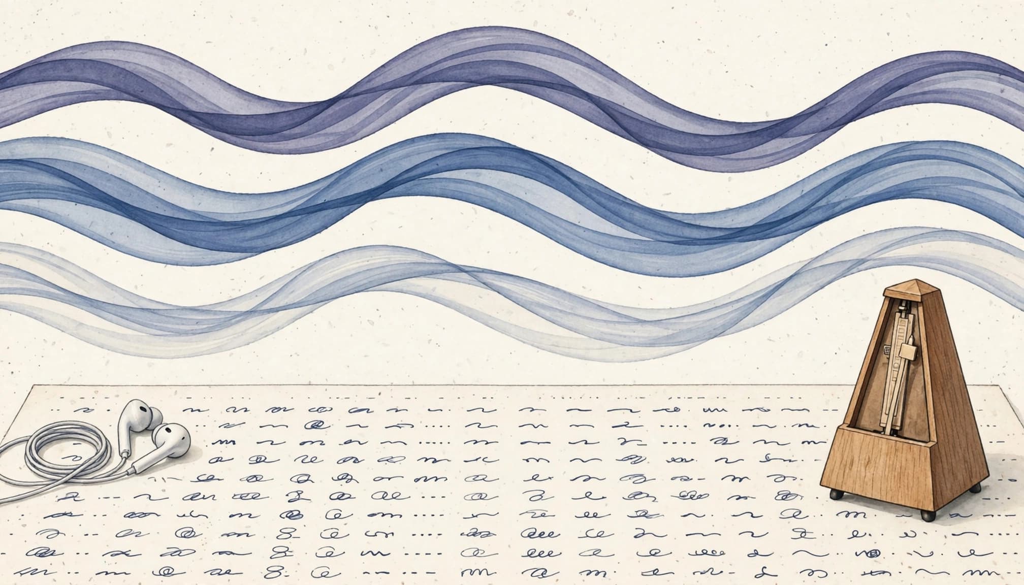 Indigo waves hover over a practice sheet beside a metronome and earbuds.