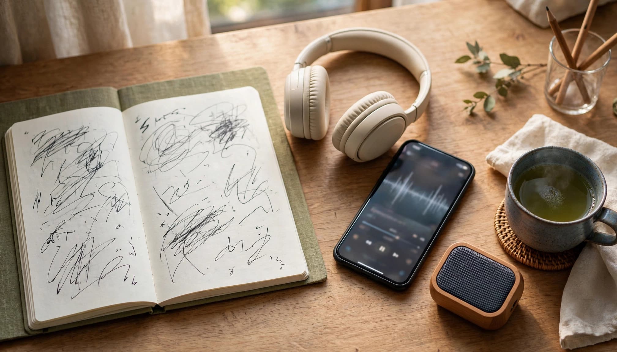 An open notebook, headphones, smartphone, tea, and small speaker on a sunny table.
