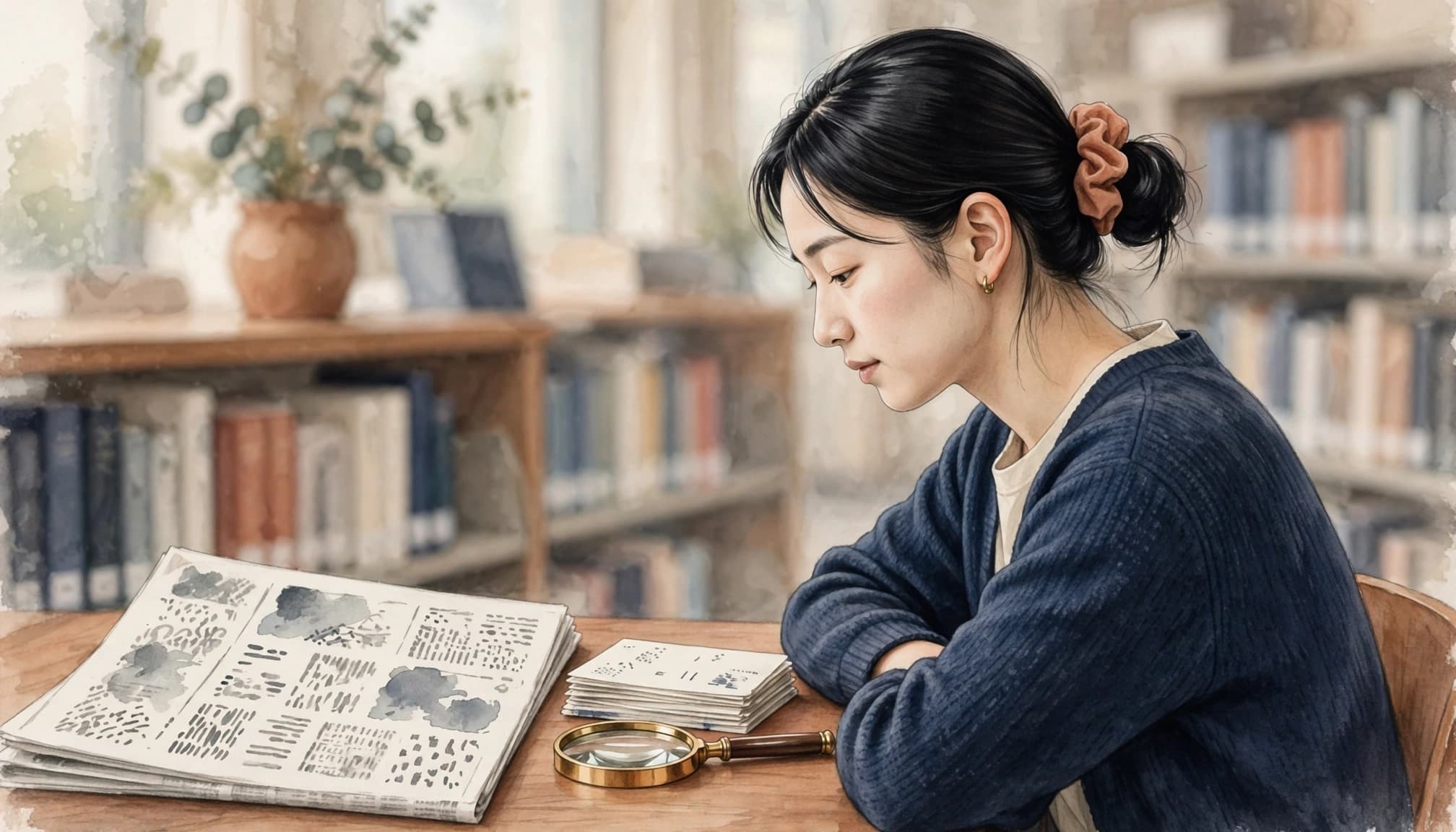 A learner studies Korean vocabulary beside a newspaper and magnifying glass in a quiet library.
