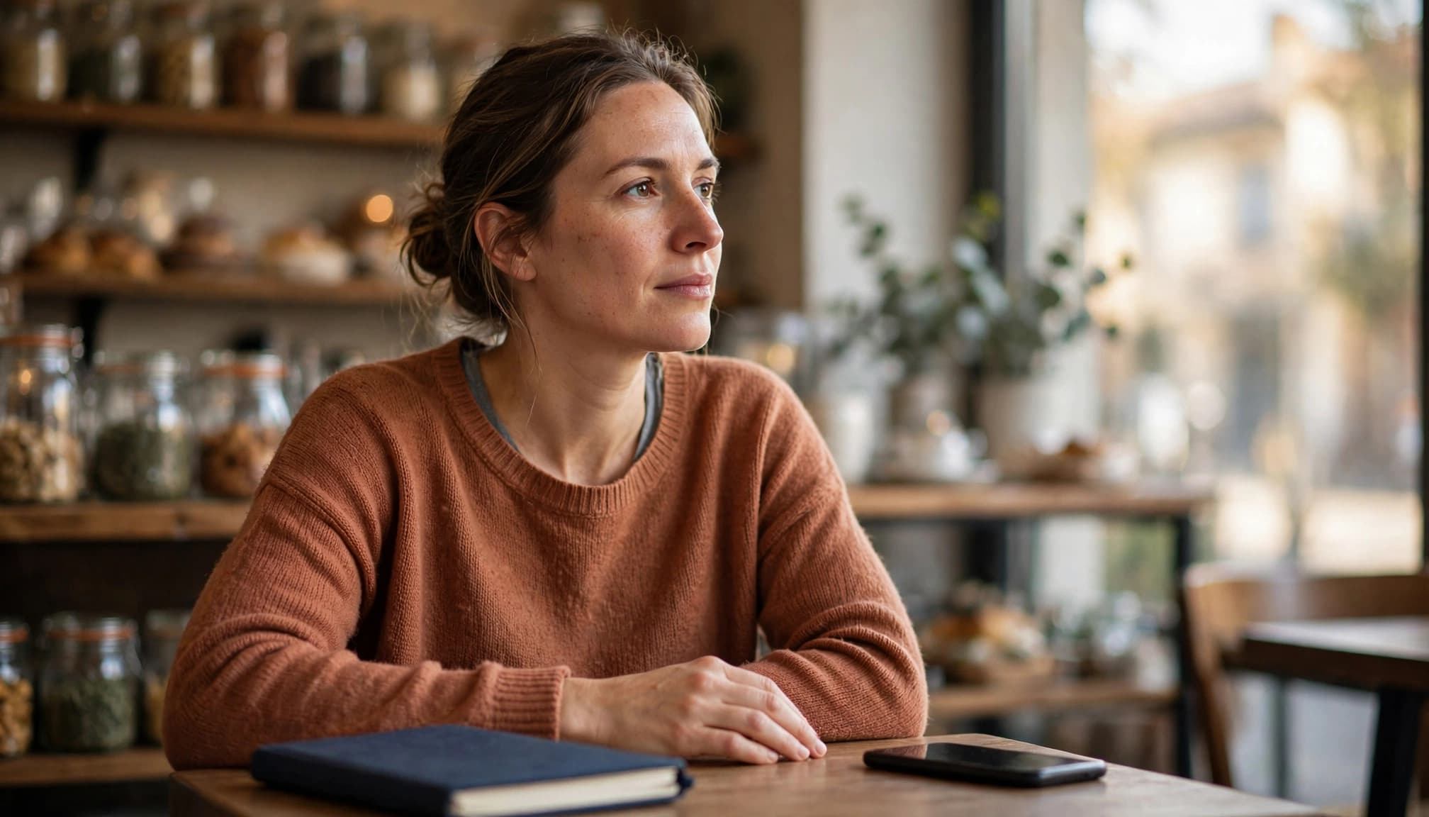 Kwiziq Review 2026: Is Premium Worth Paying For? 3 An adult learner looks toward a cafe window beside a closed notebook and face-down phone.