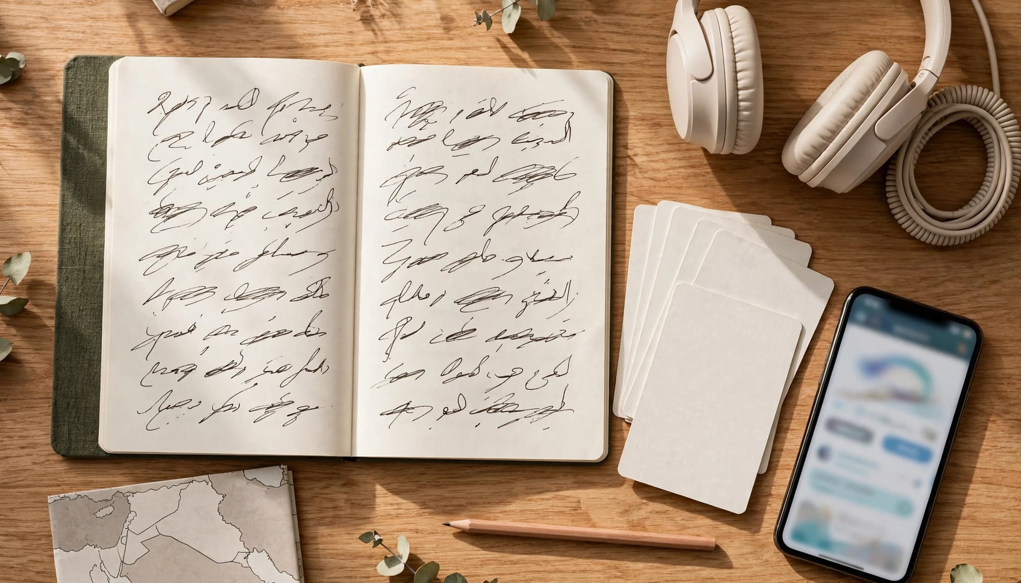 Best Levantine Arabic Learning Apps for Serious Learners in 2026 2 A notebook, headphones, flashcards, phone, and Levant map arranged on a wooden table.