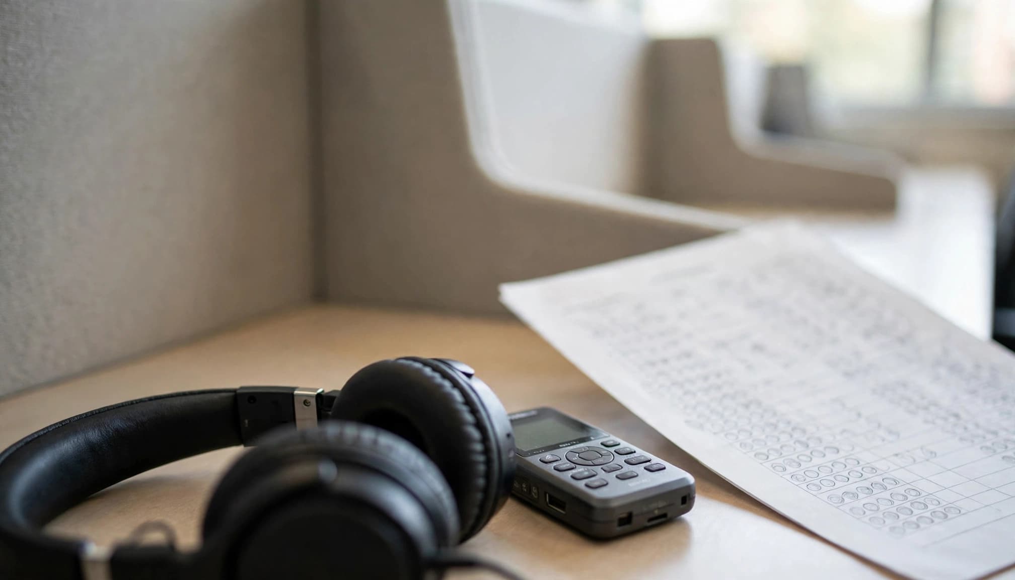 Cambridge English Exam Prep Apps for 2026: Which Fits Your Exam? 3 Headphones and a compact audio player sit beside a marked answer sheet.