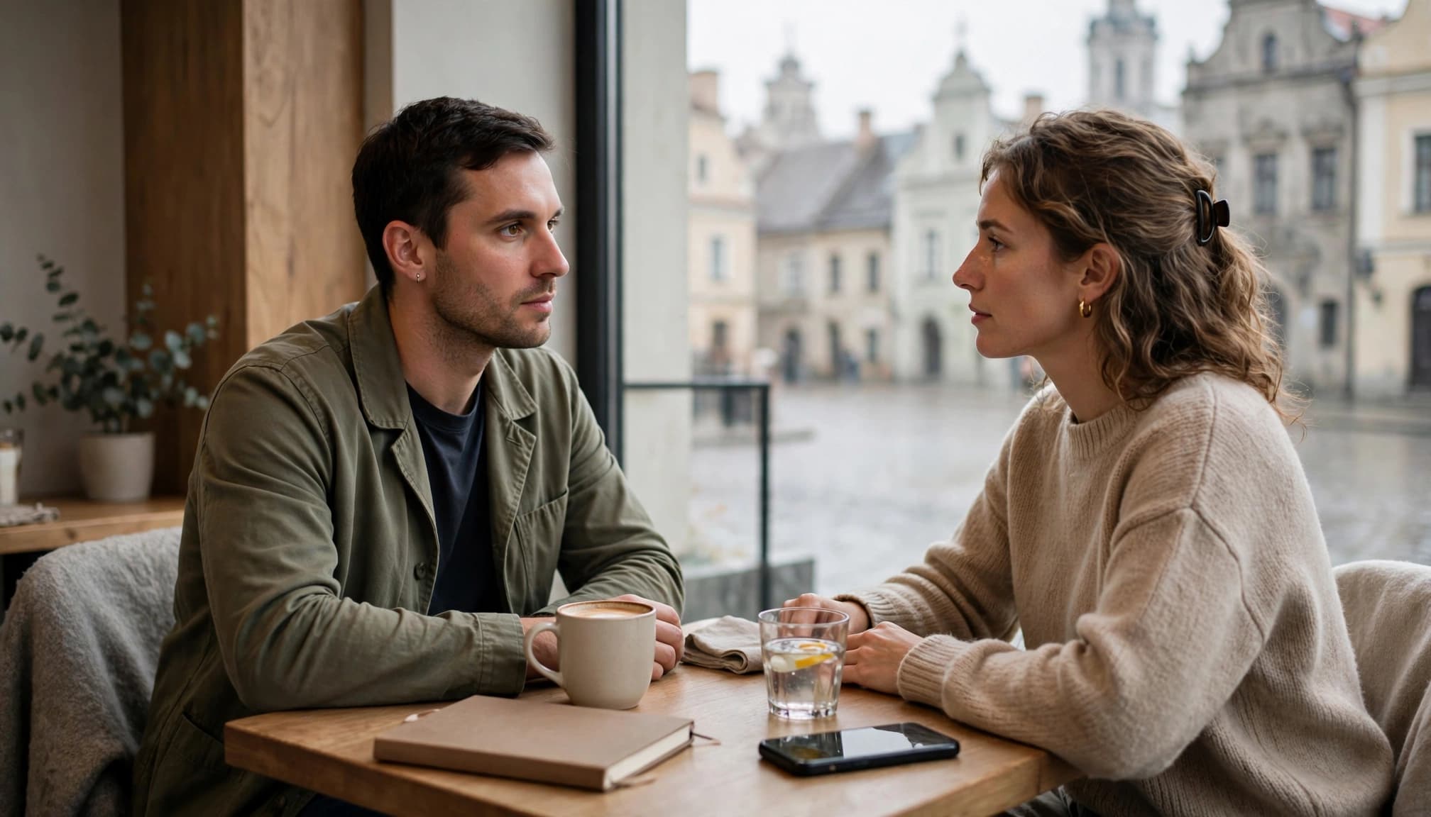 Best Lithuanian Learning Apps for Serious Study in 2026 2 Two learners talk across a cafe table beside a closed notebook and phone.