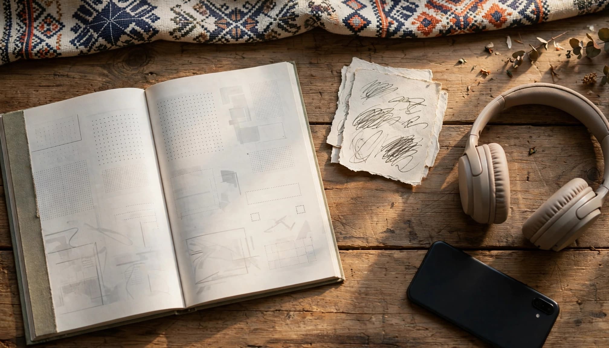 Best Lithuanian Learning Apps for Serious Study in 2026 3 An open workbook, handwritten notes, headphones, and a face-down phone on a sunlit wooden table.