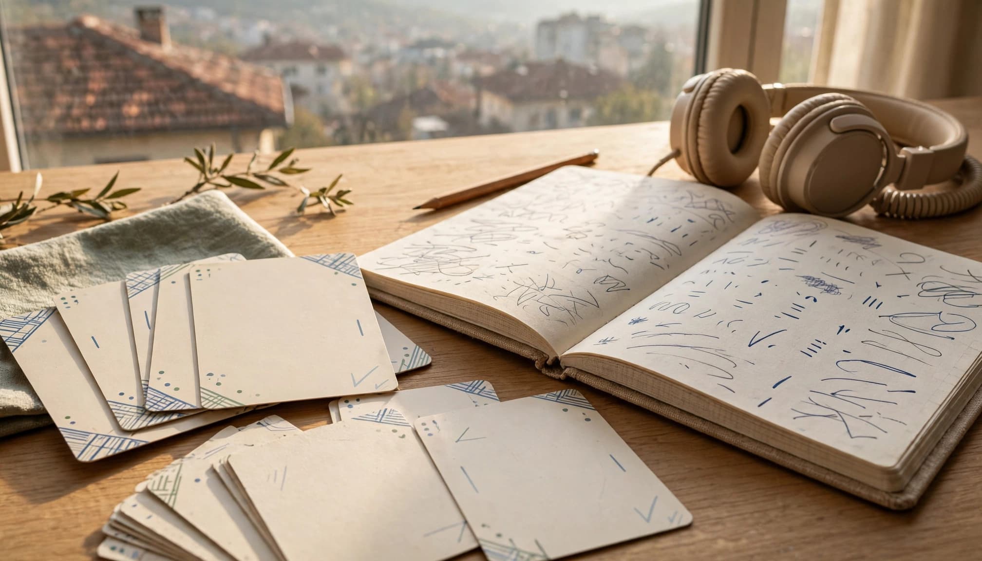 Flashcards, a marked notebook, and headphones sit on a sunny table by a window.