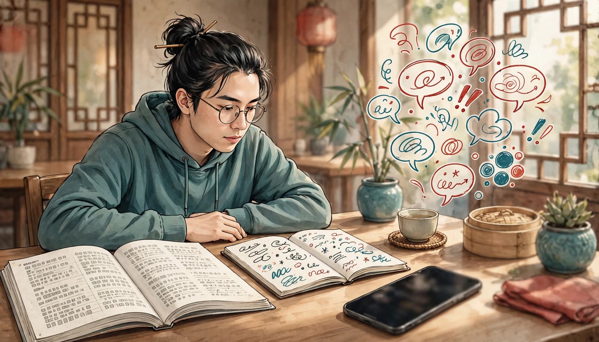 Best Chinese Slang Apps for Informal Speech in 2026 2 A learner studies Chinese slang with a phone and notebook at a cafe table.