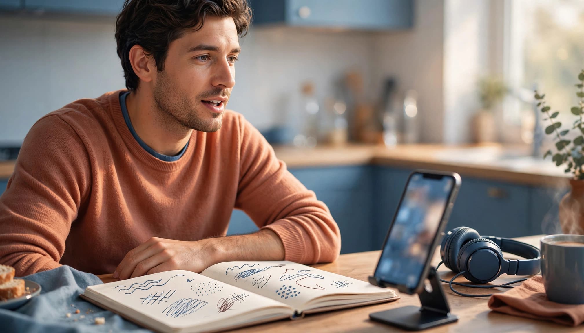 Adult learner practicing speech with a phone, headphones, and notebook at a kitchen table.