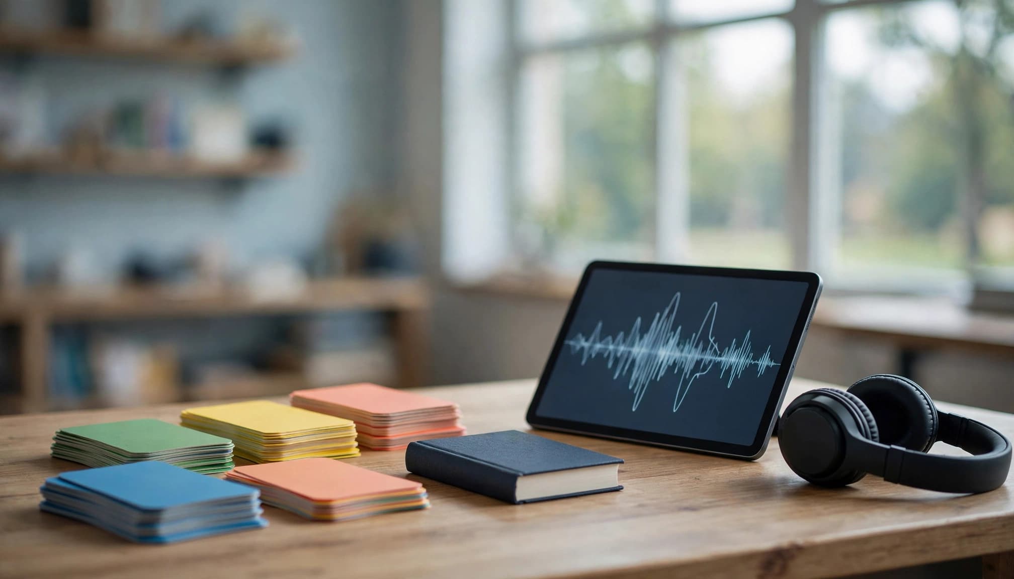 Language study materials, a tablet, dictionary, and headphones sit on a classroom table.