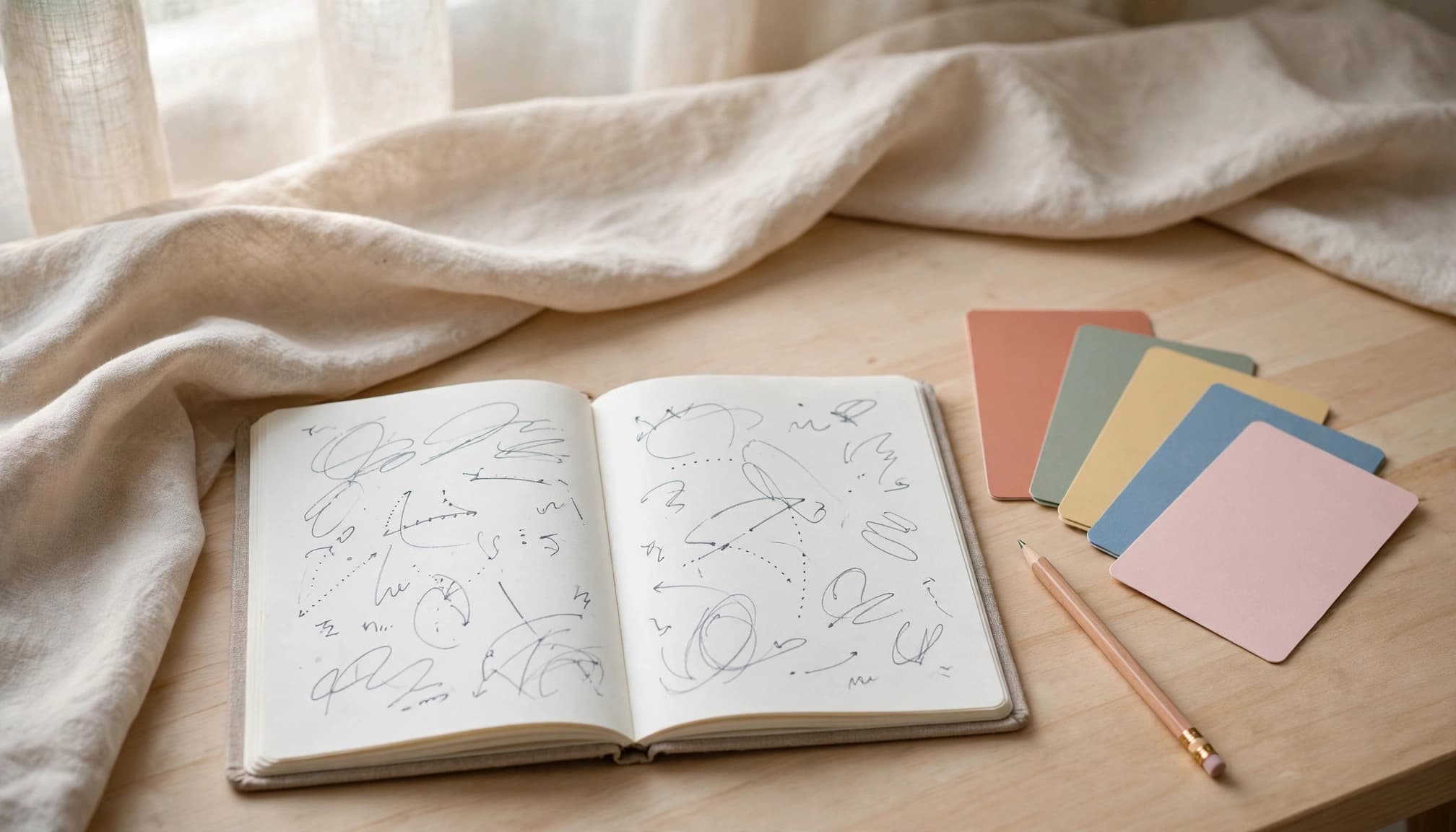 Kwiziq Review 2026: Is Premium Worth Paying For? 2 An open notebook, colorful flashcards, and a pencil on a sunlit table.