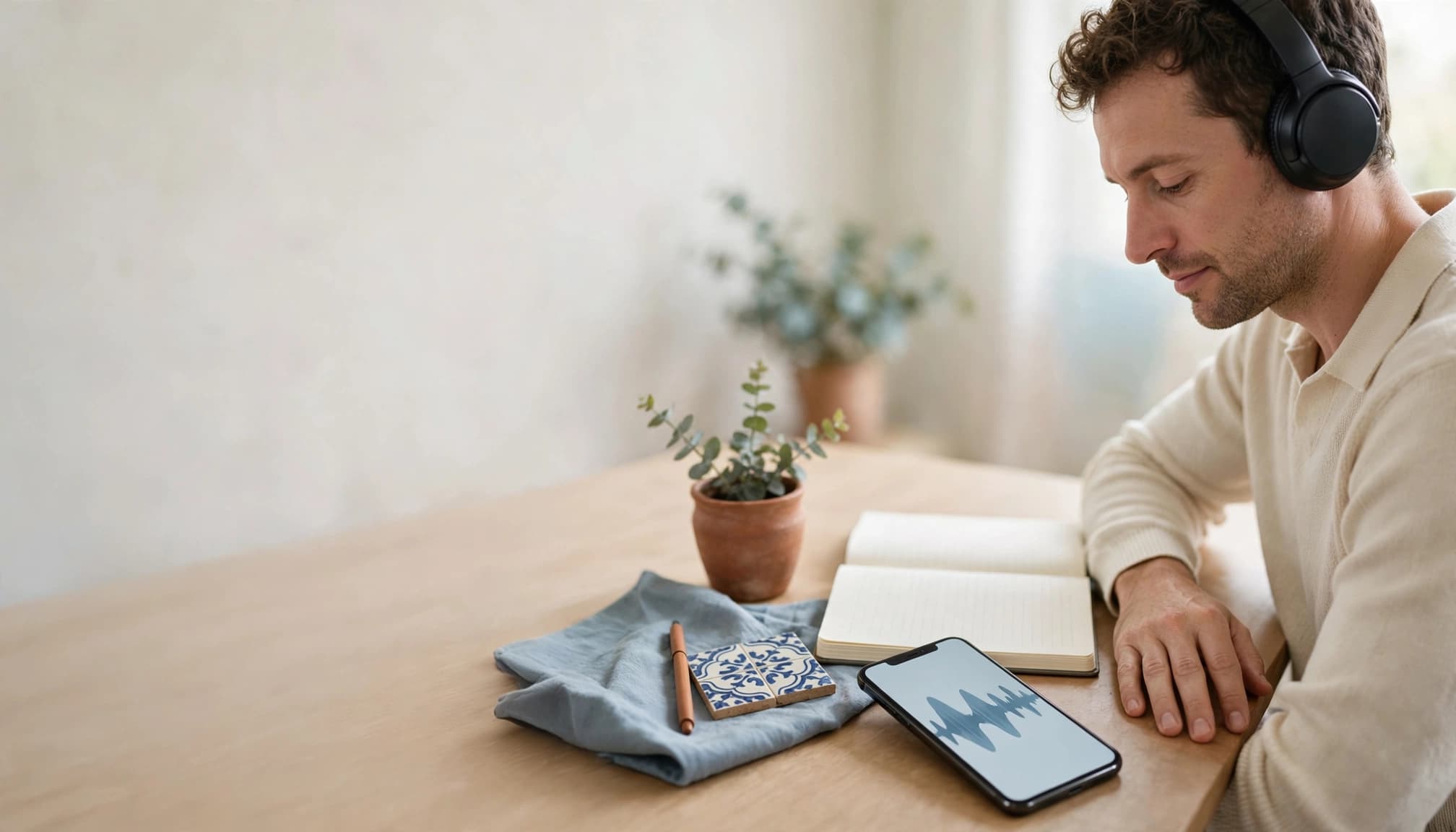 An adult learner practices Portuguese with headphones and a smartphone at a bright desk.