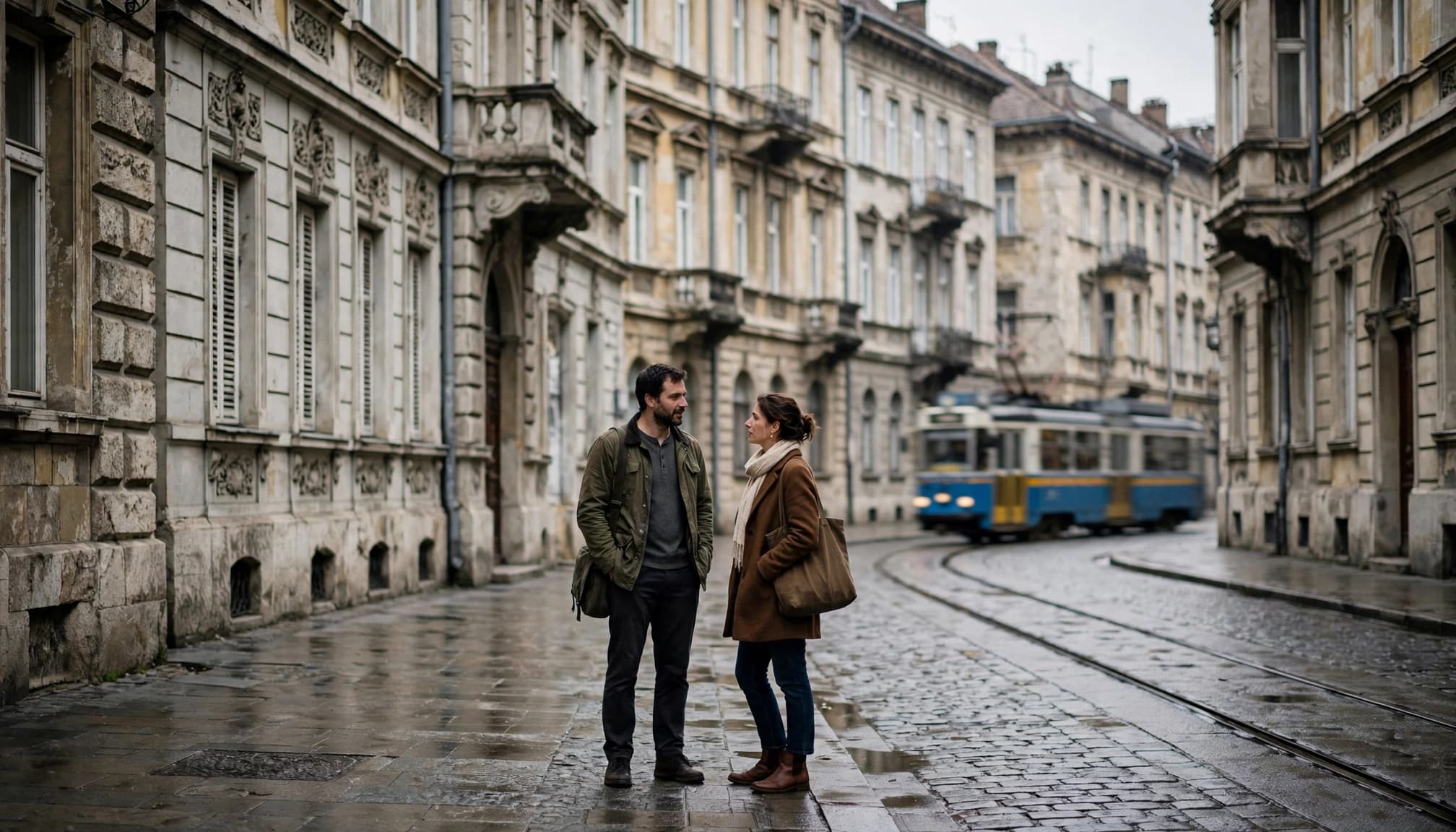 Two pedestrians talk on a Sarajevo street as a tram passes behind them.