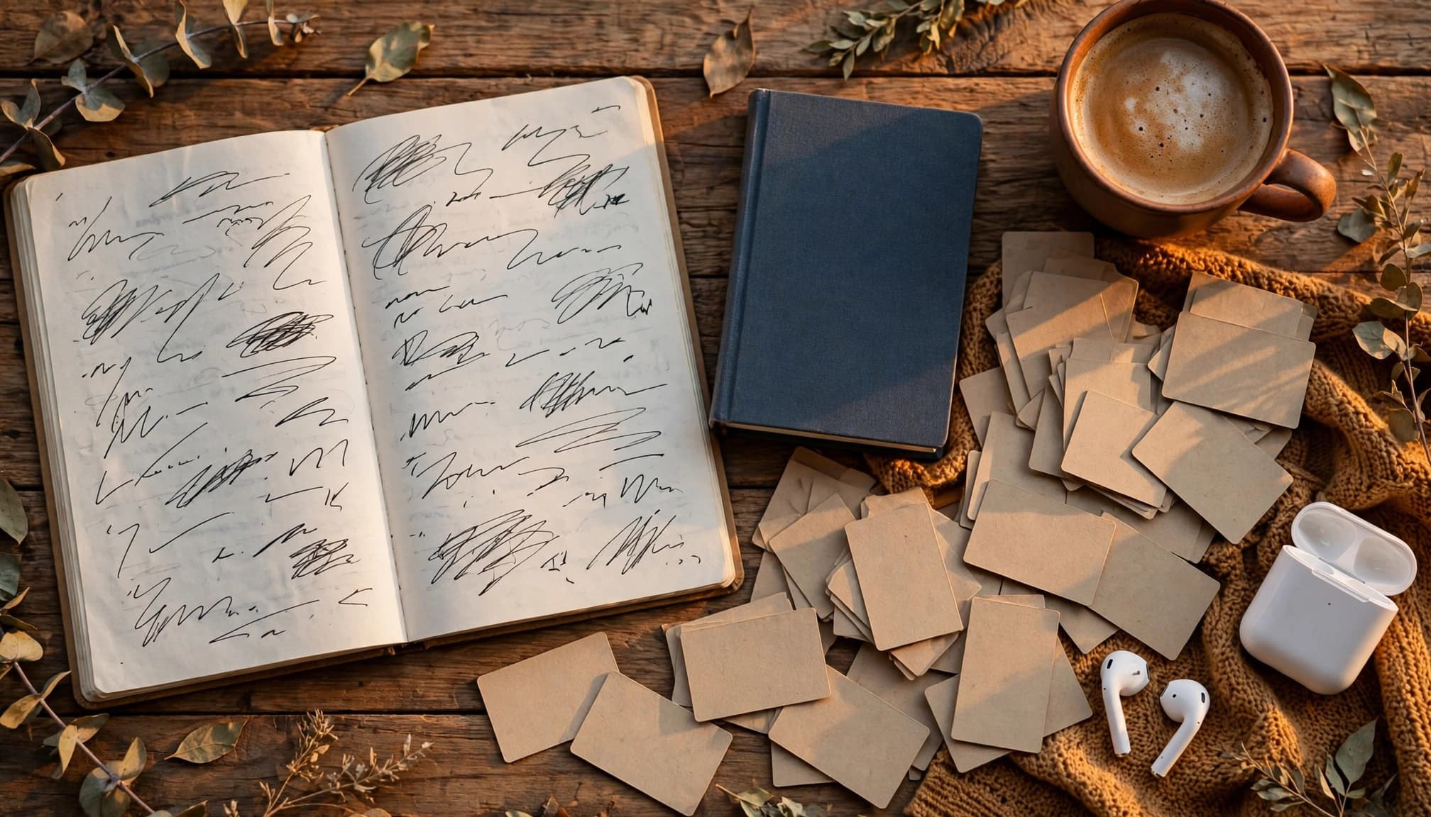 Slovak study materials, flashcards, earbuds, and coffee arranged on a wooden table.