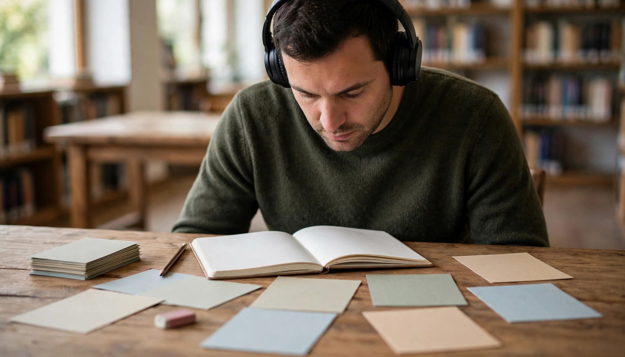 Adult learner studying Slovak with a notebook, grammar cards, and headphones at a library table.