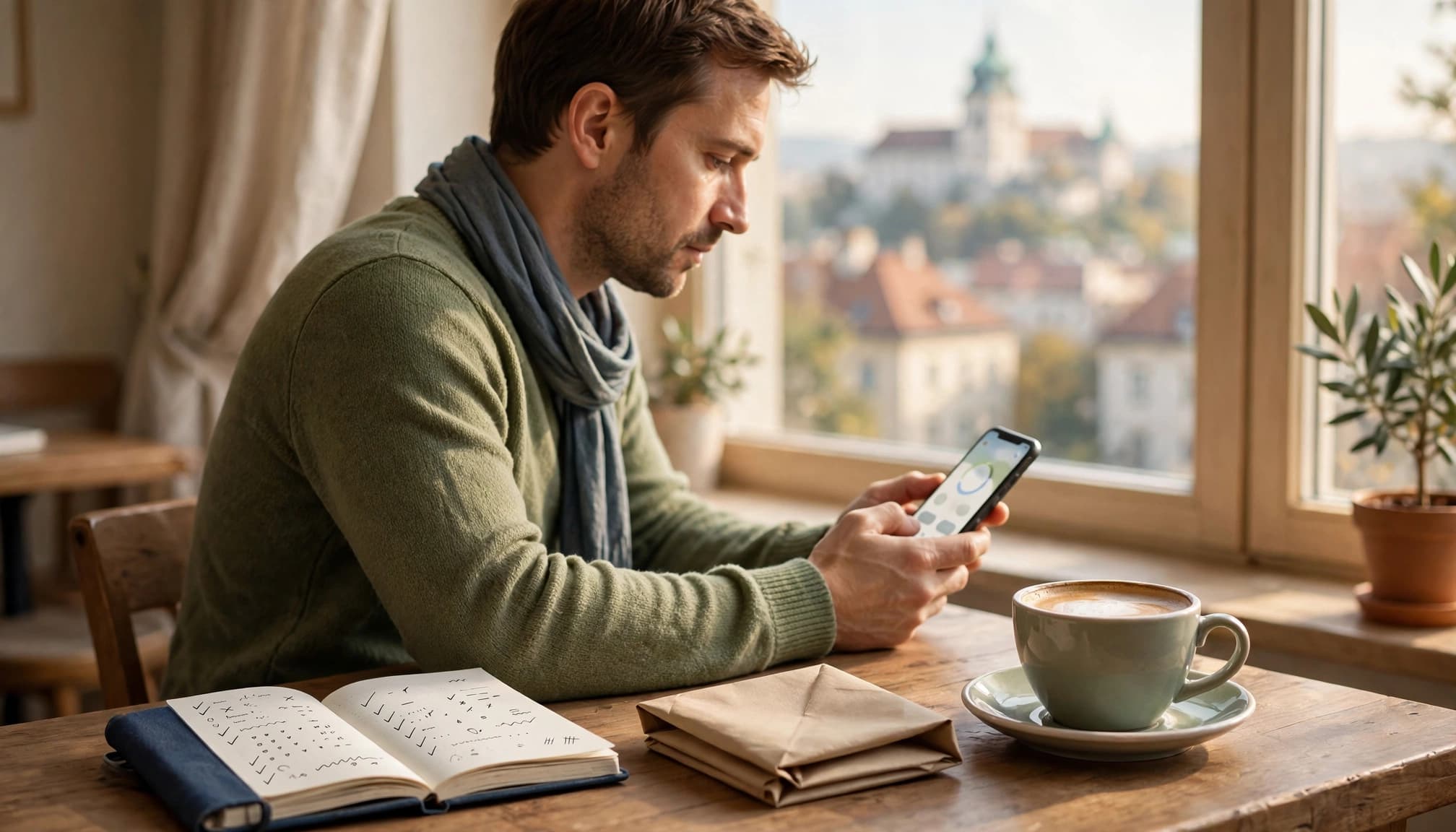 A learner studies Slovenian on a phone beside a notebook and folded map in a cafe.
