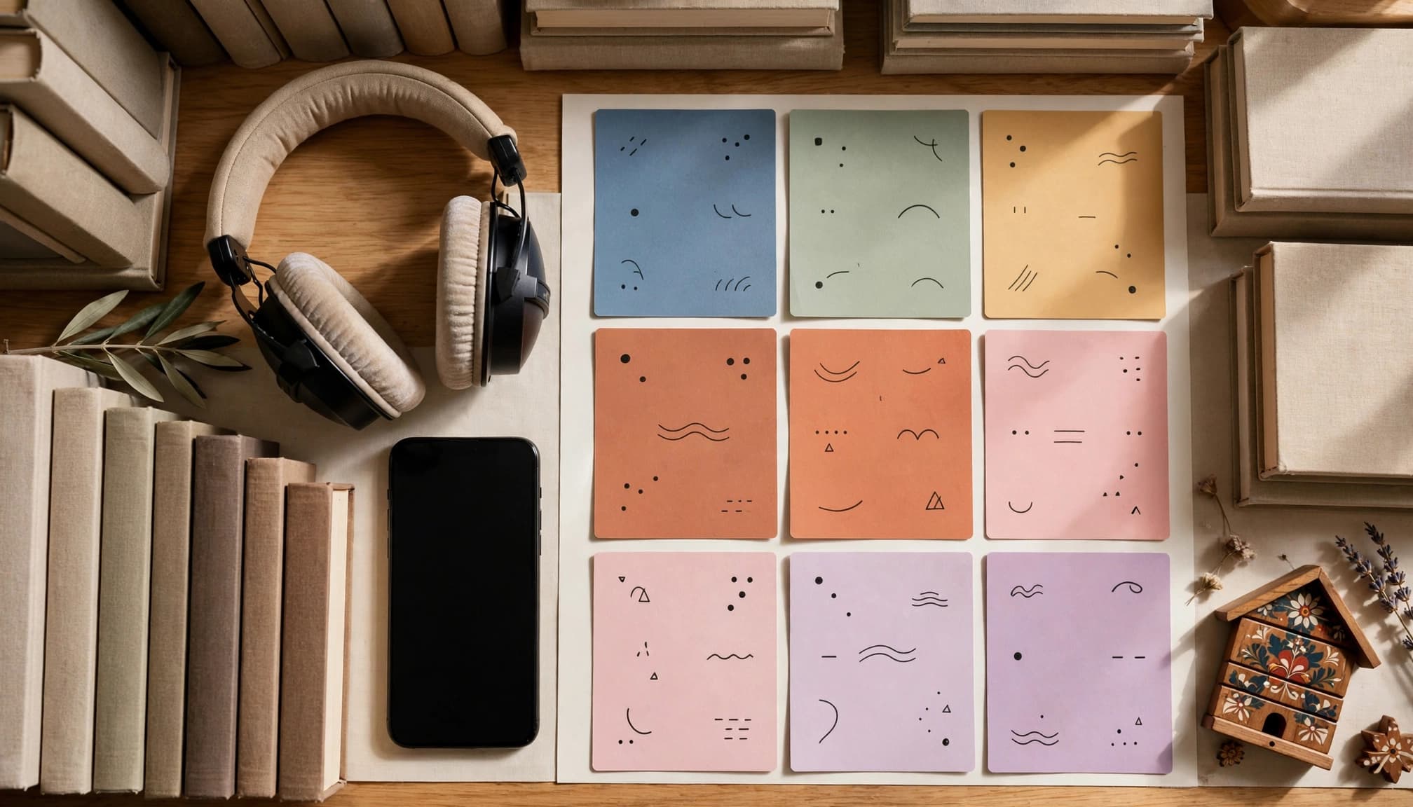 Headphones, a phone, and colorful pronunciation cards on a sunlit bookshelf.