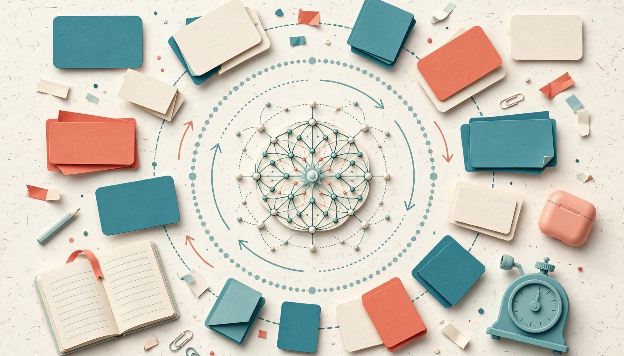 Taalhammer Review 2026: Is Sentence Study Worth It? 3 Colored study cards circle a memory symbol beside a notebook, timer, and earbud case.