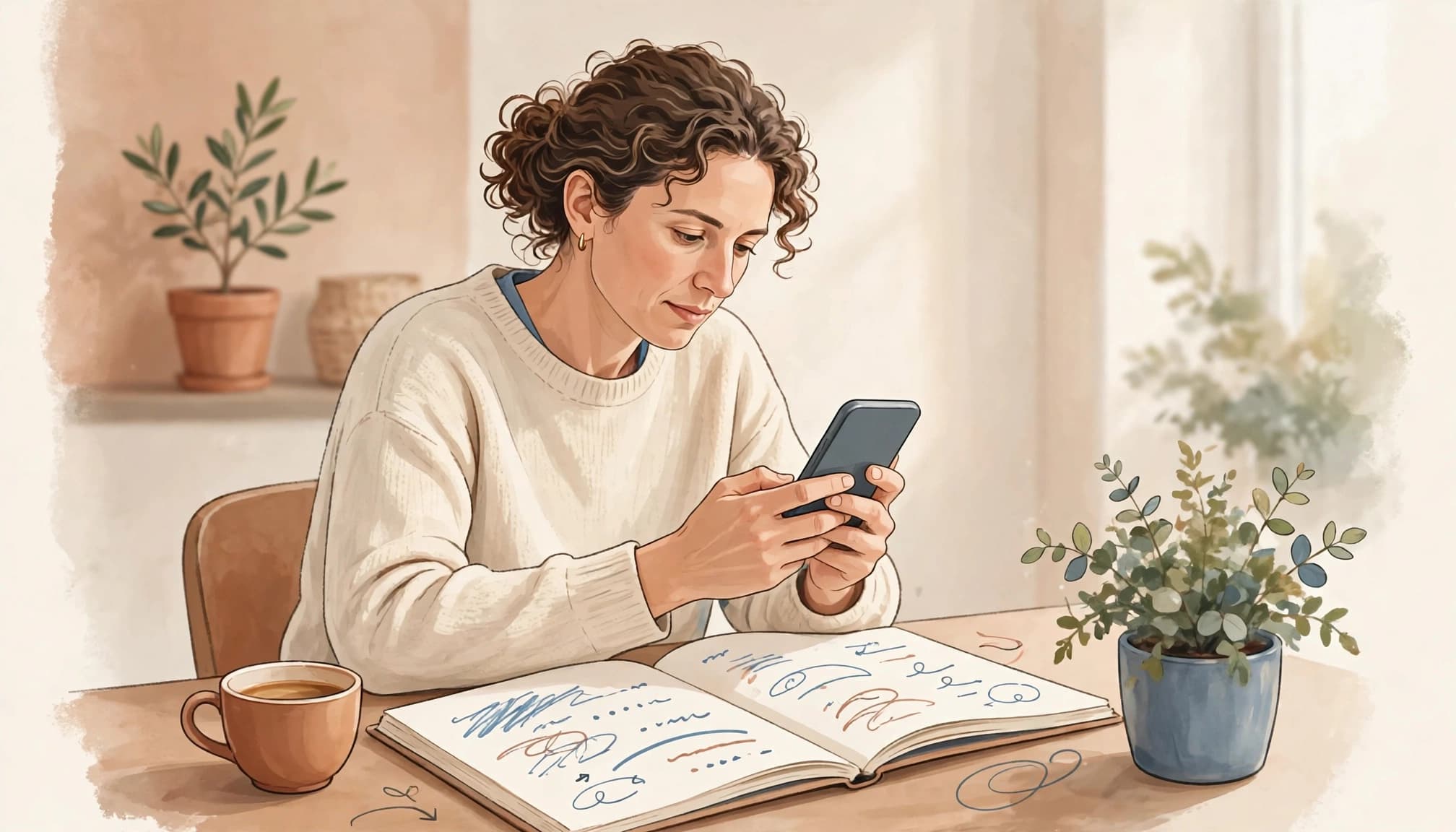 An adult studies Spanish on a phone beside a notebook and coffee cup.