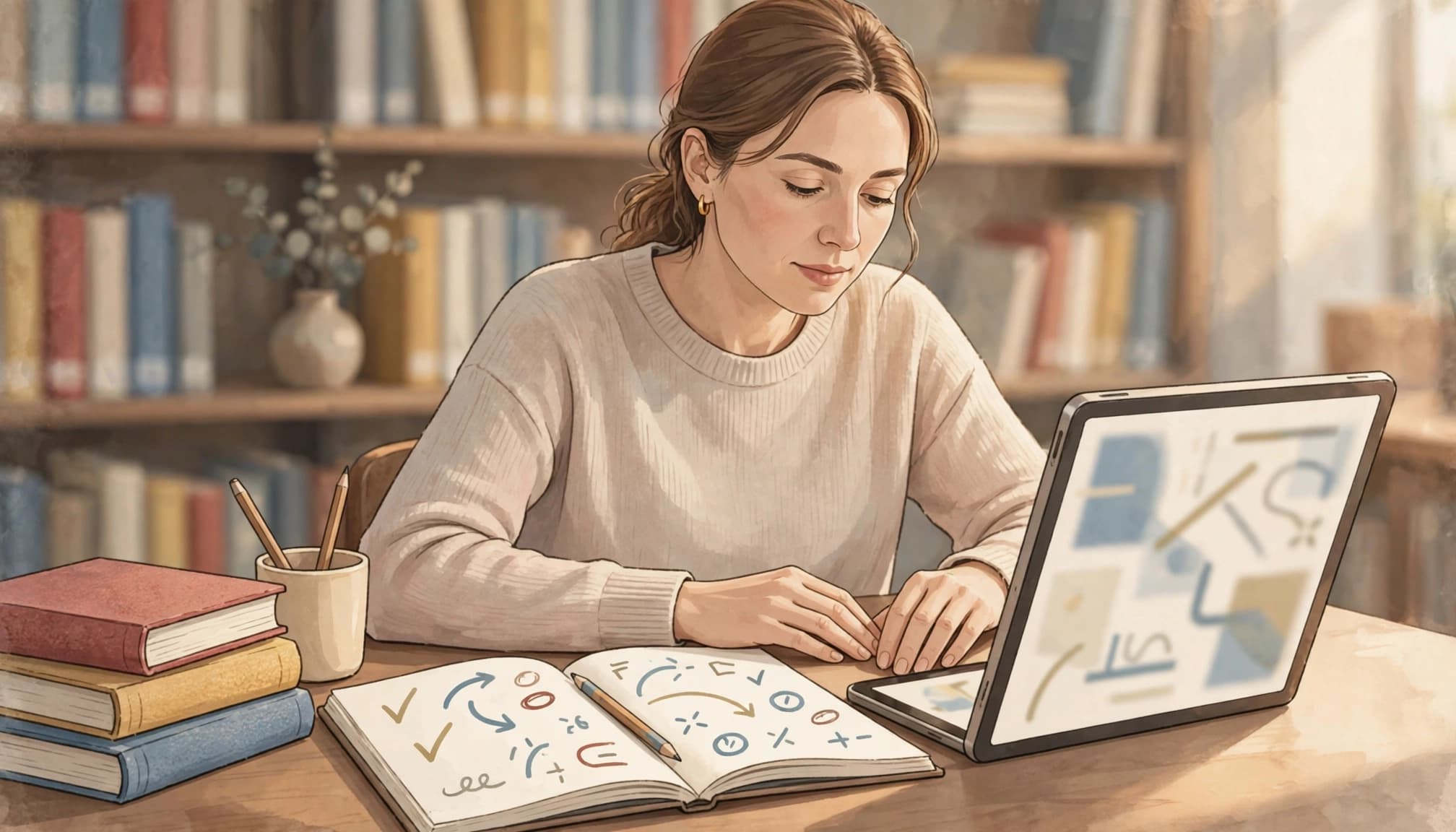 An adult learner studies Spanish grammar on a tablet beside a notebook.