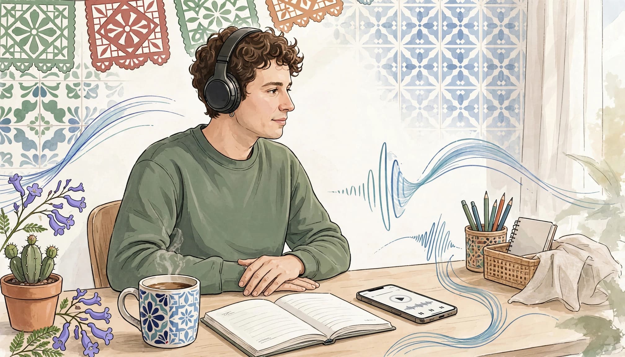 An adult learner listens to a smartphone lesson at a bright desk.