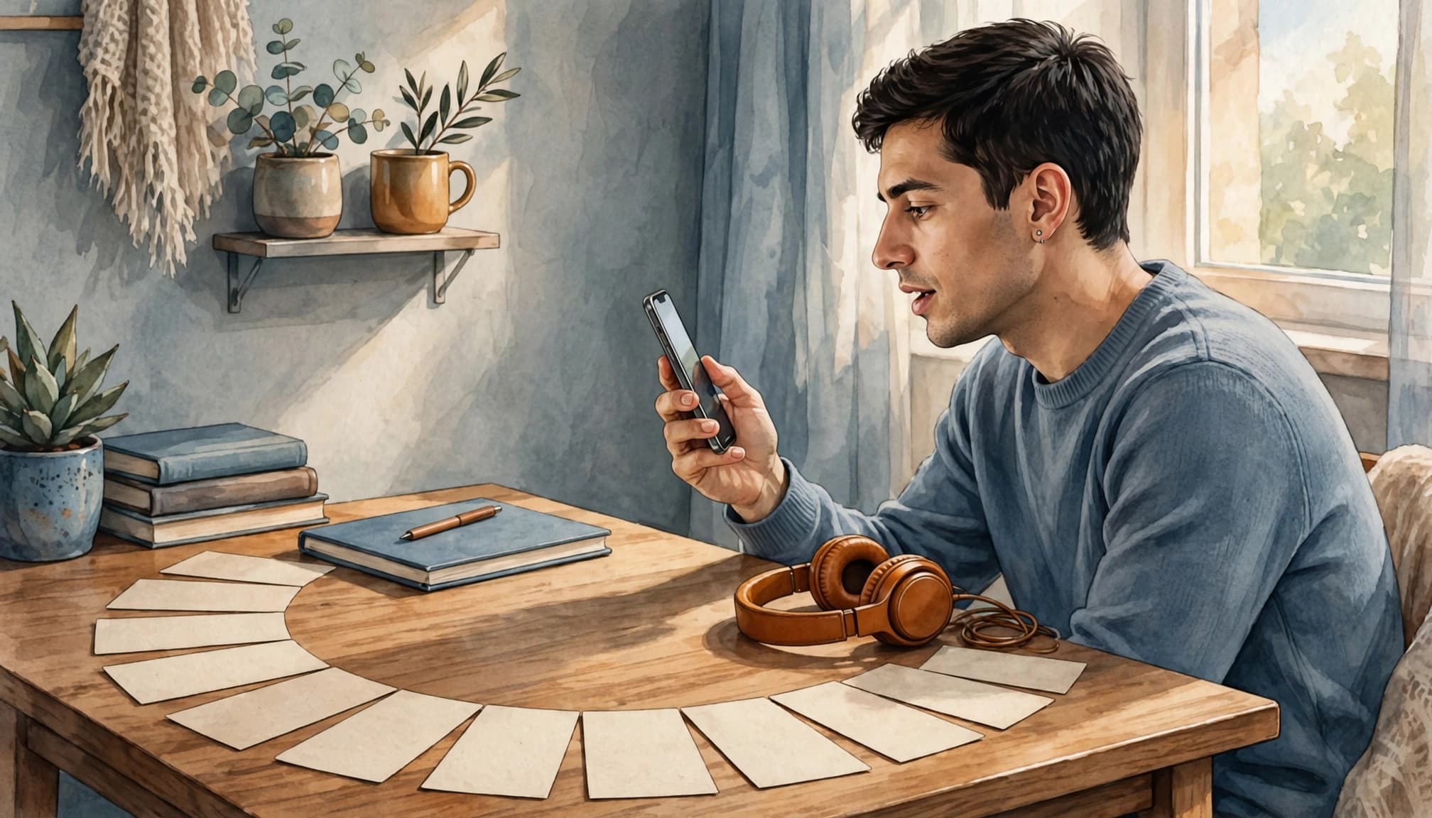 Taalhammer Review 2026: Is Sentence Study Worth It? 2 A learner practices speaking with a phone and sentence cards at a small study table.