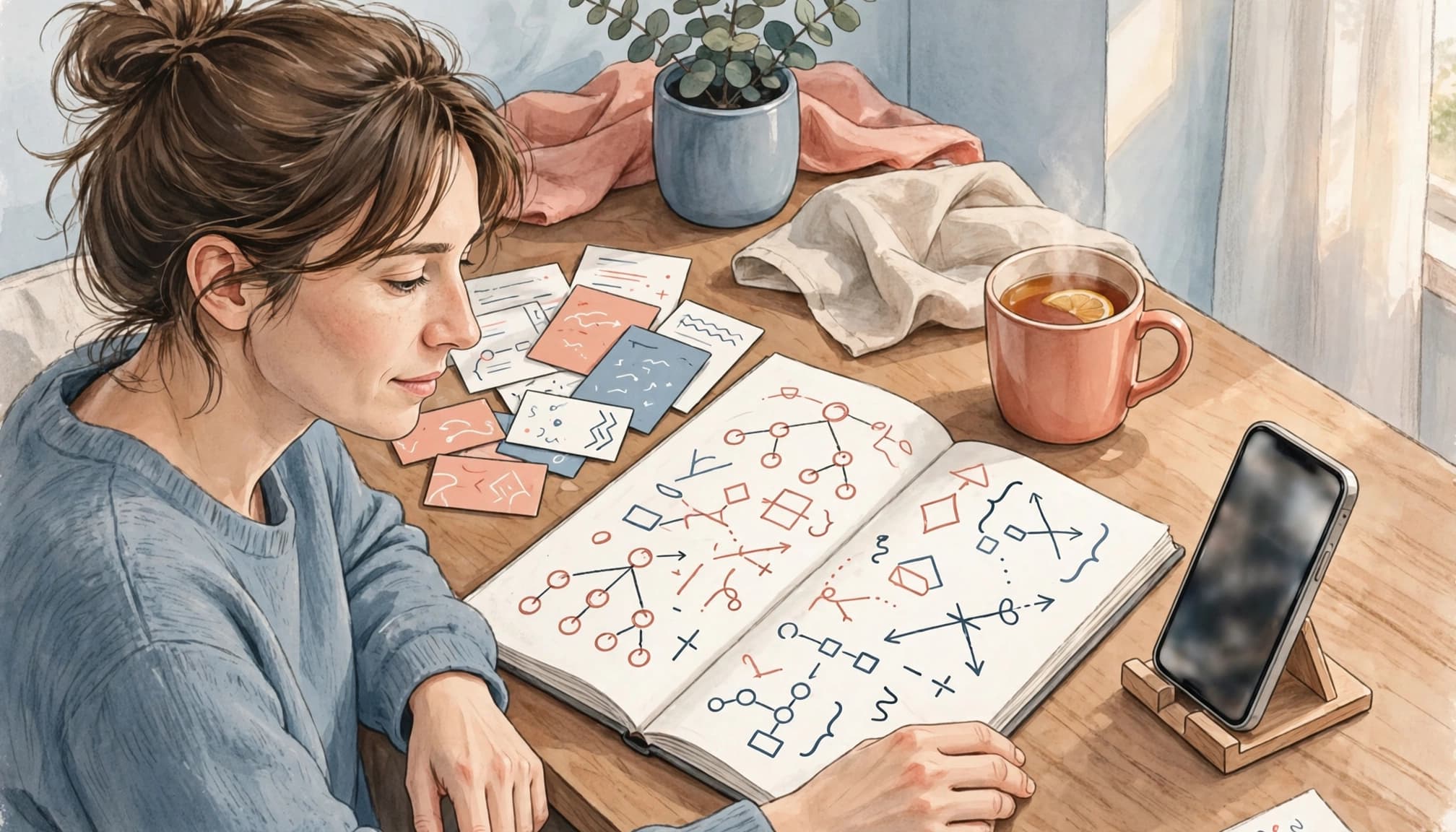 Wlingua Review 2026: Is Premium Worth Paying For? 2 A learner studies Spanish grammar beside a phone, vocabulary cards, and tea.