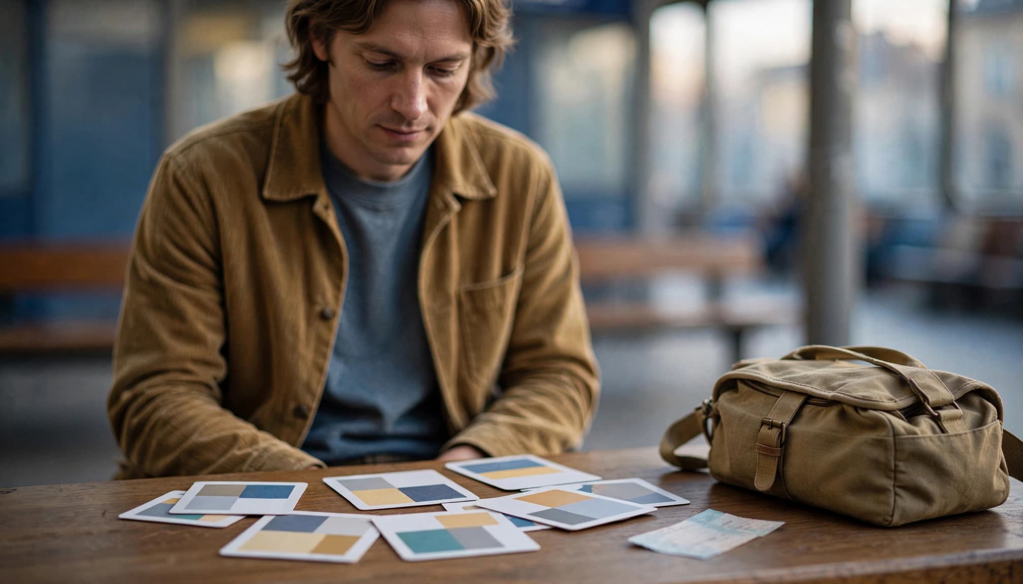 uTalk Review 2026: Is Practical Phrase Practice Worth Paying For? 3 A traveler studies vocabulary cards beside a train ticket and small bag at a station.