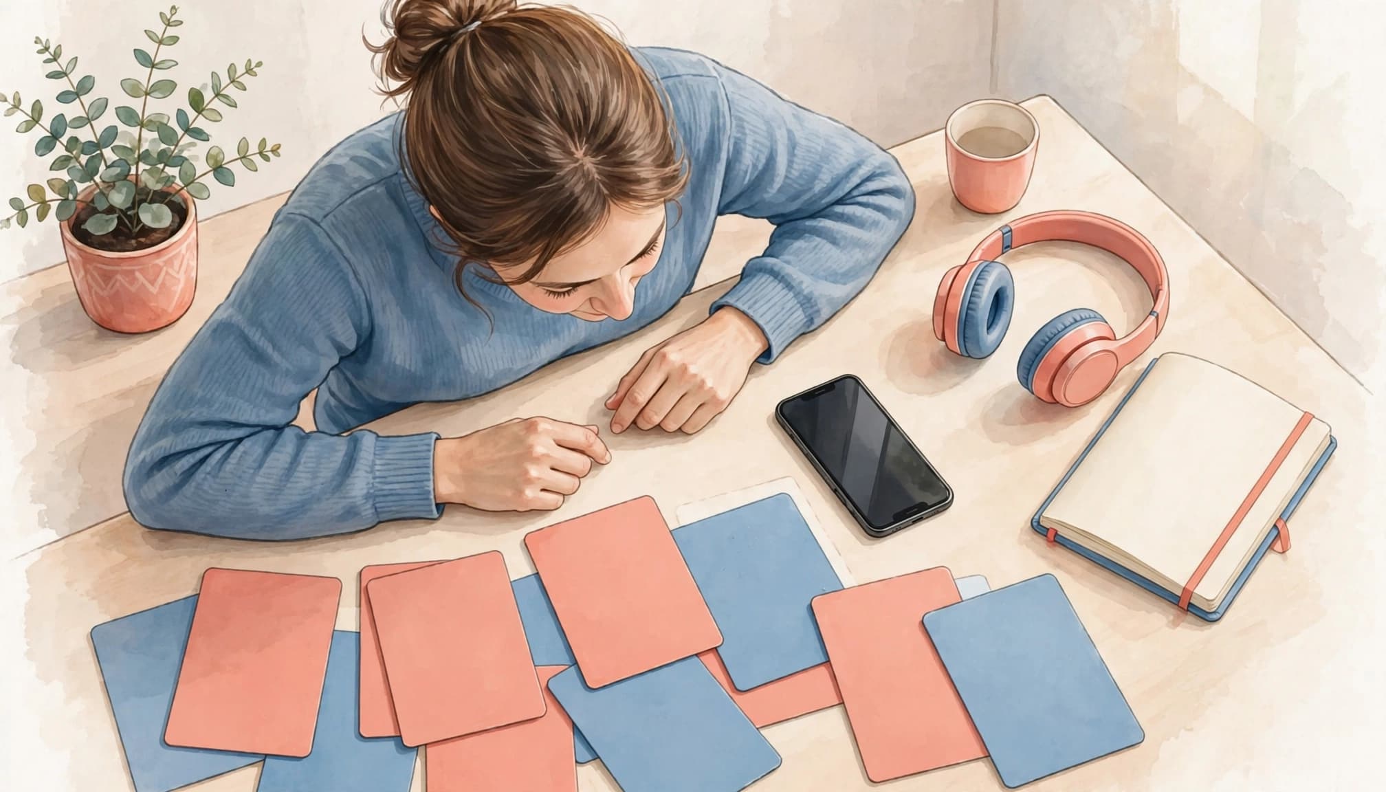 An adult learner reviews flashcards beside a phone, notebook, and headphones.