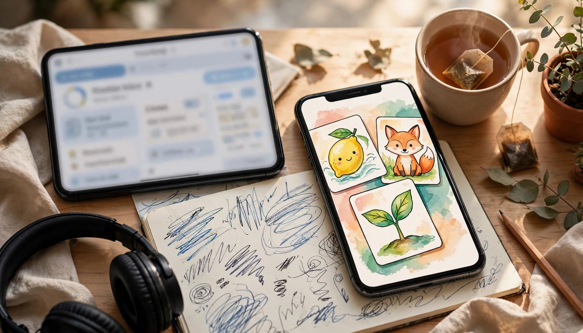 Two smartphones show different vocabulary study methods beside tea and headphones.